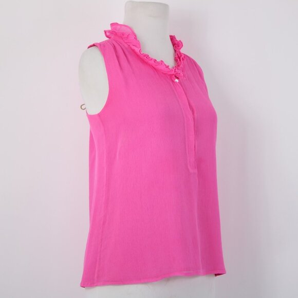 J Crew Top Sz 4 Pink Collared Half Buttons Sleeveless Lined 100% Silk Poly Top - Picture 5 of 10